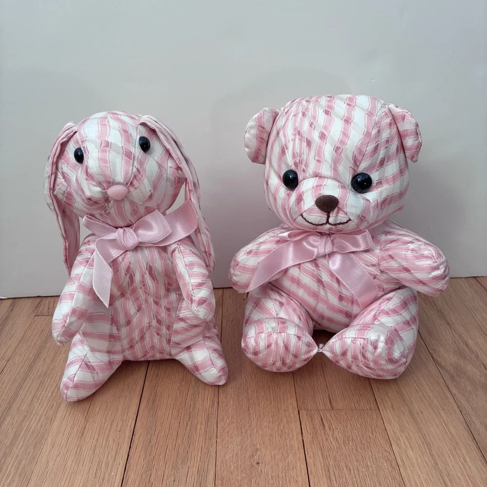 NWOT Saks Fifth Avenue Vintage Pink/White w/lt tan Striped Bunny, stuffed muslin